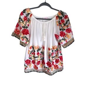 Ana Rose Floral Embroidered Peasant Blouse White Boho Tassel Top Women Medium